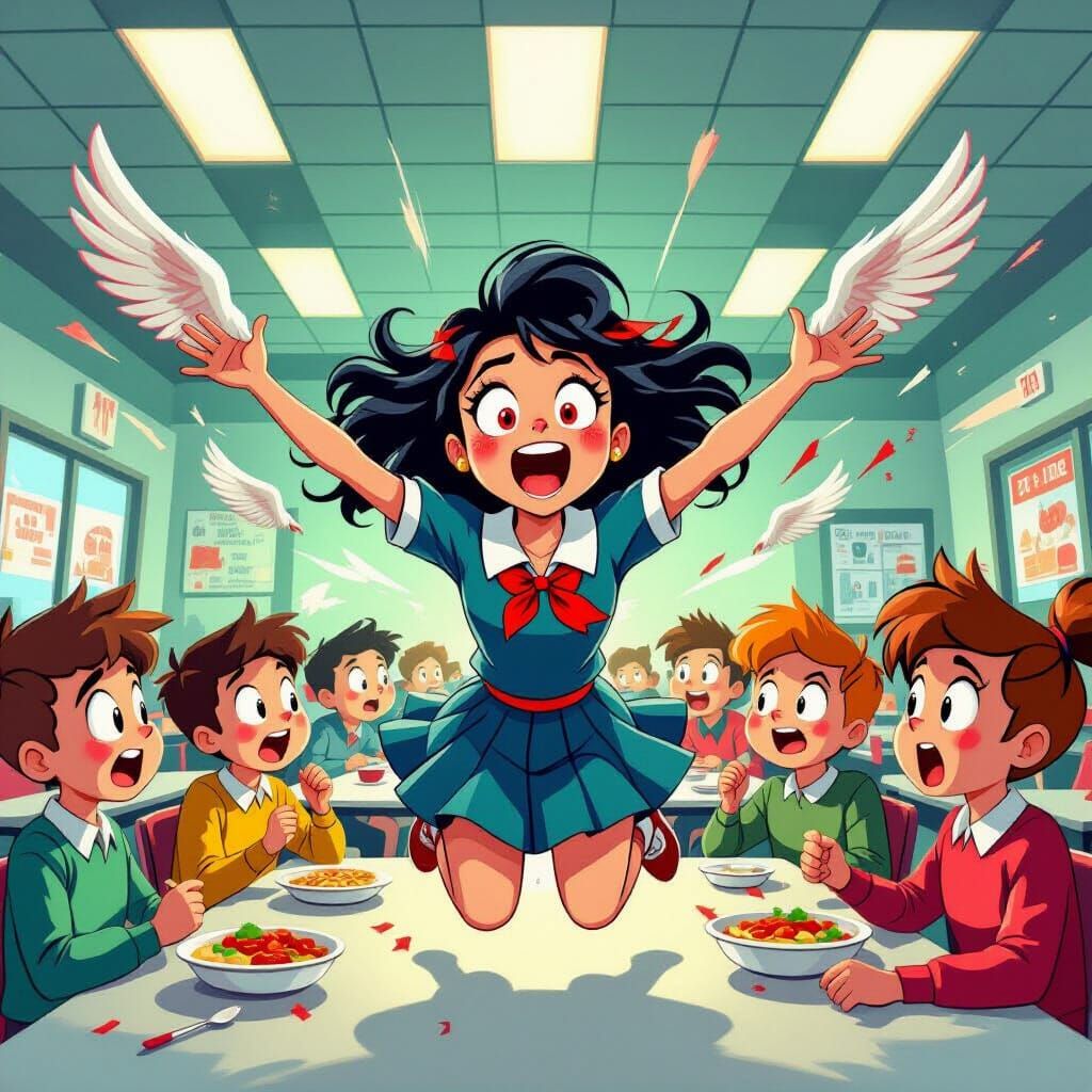 Cartoon Girl Possessed in School Cafeteria