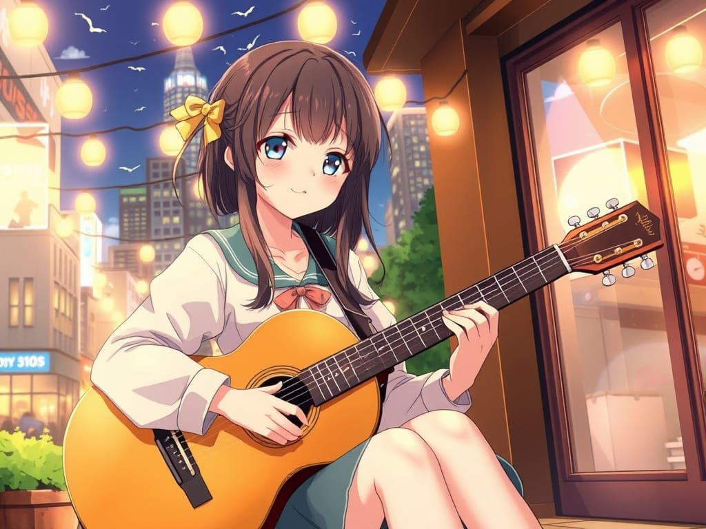Cute Girl With Guitar in Cozy City Anime Style