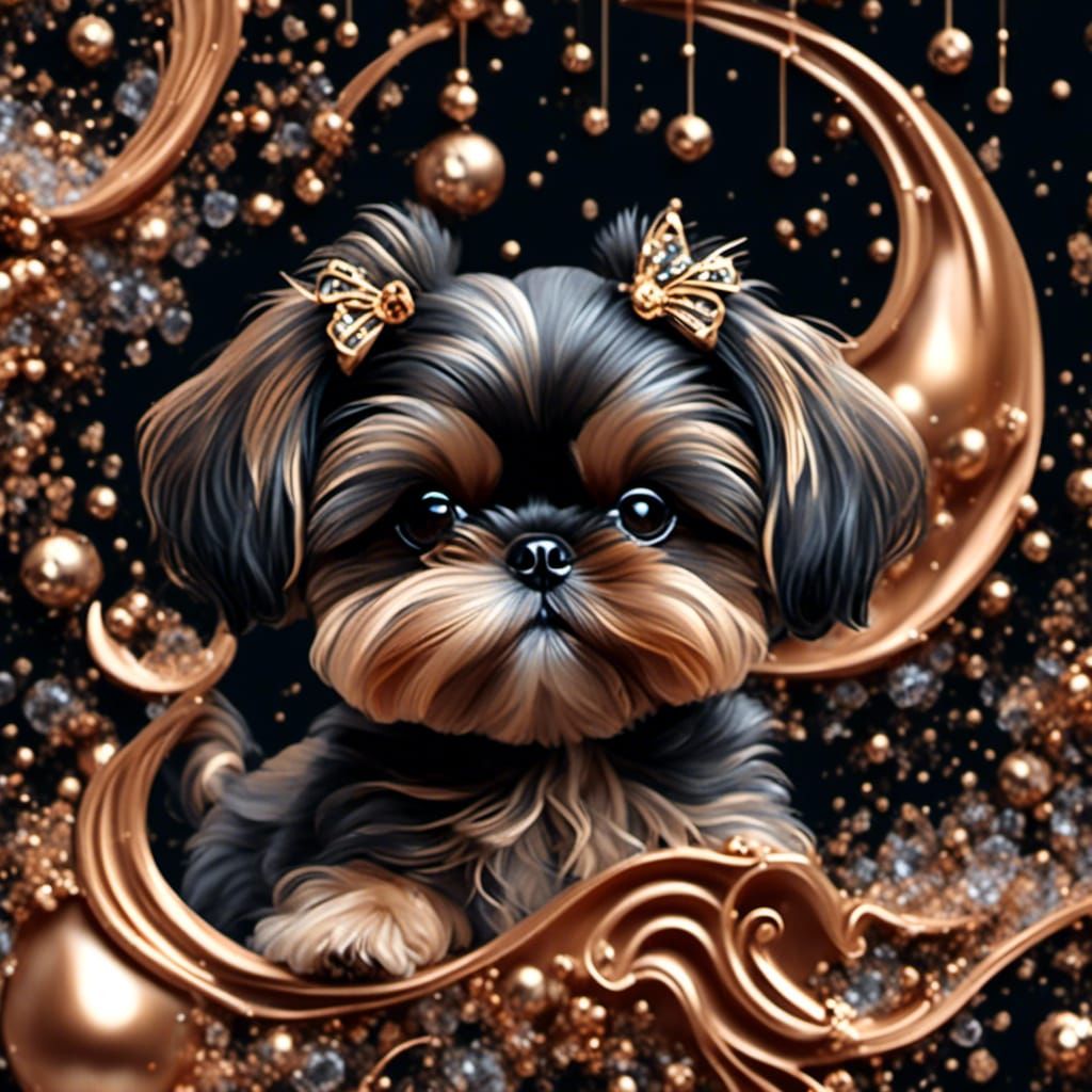 "rose gold liquid alcohol ink, dripping gold, macro, fantasy, celestial, crystals, an adorable Steampunk Tiny Black Shi...