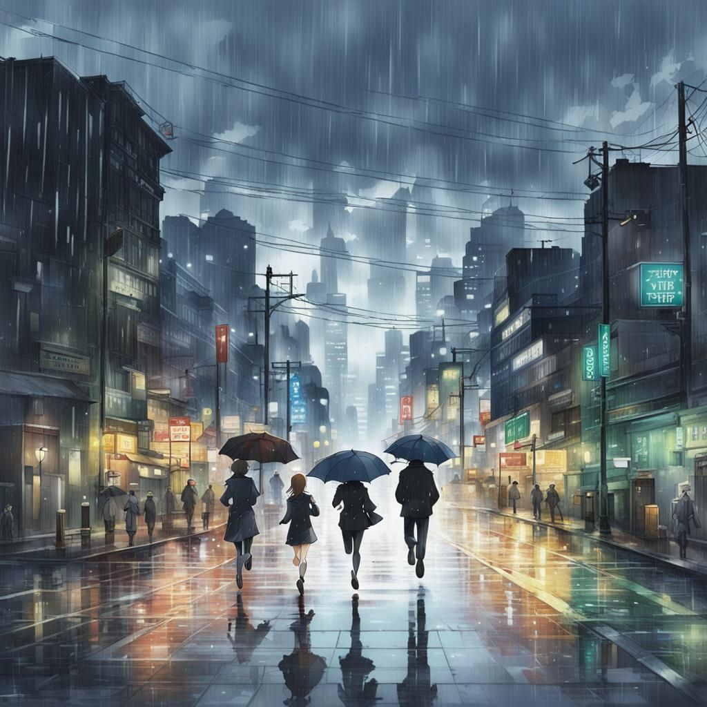 Anime-Style Runner in Rainy Cityscape