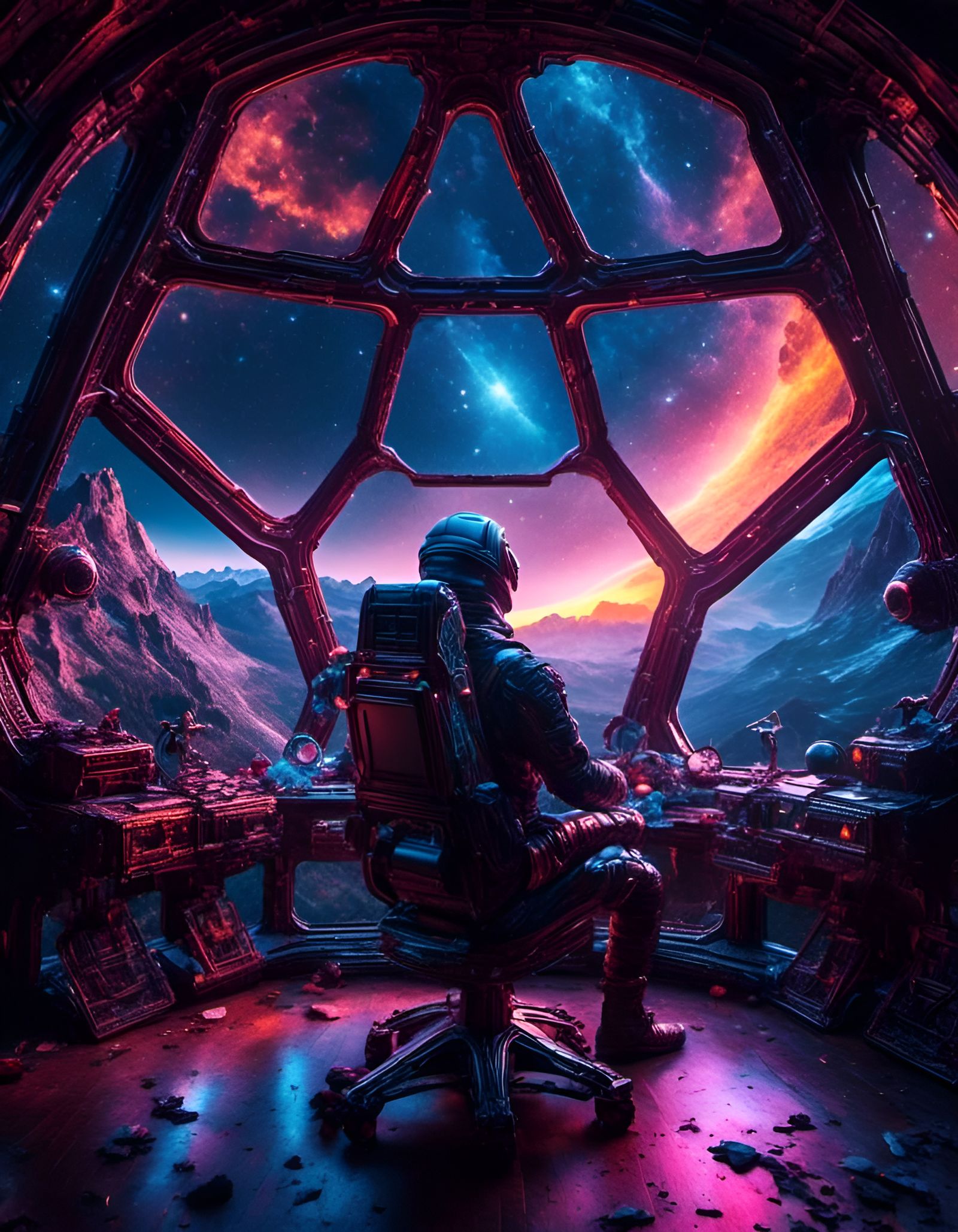 Astronaut Gazing at Multicolored Lightning in Space