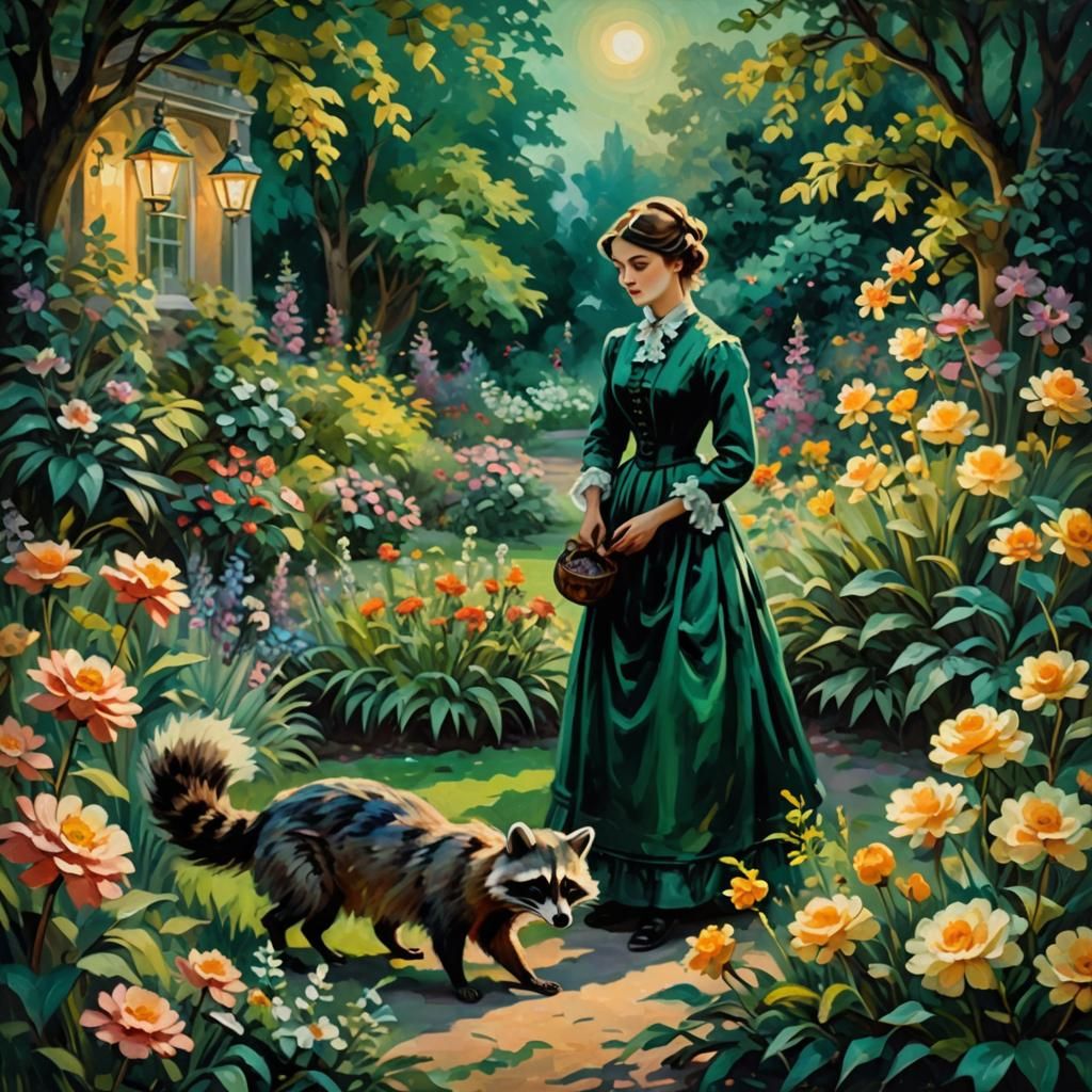 Victorian Woman in Moonlit Garden: Impressionist Painting