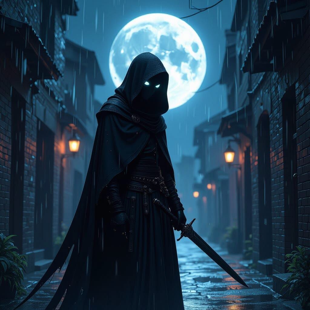 Sinister Hooded Figure with Dagger in Lightning Alley
