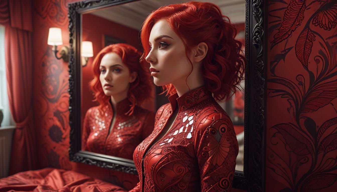 Crimson Woman Gazes in Mirror, Escher Architecture