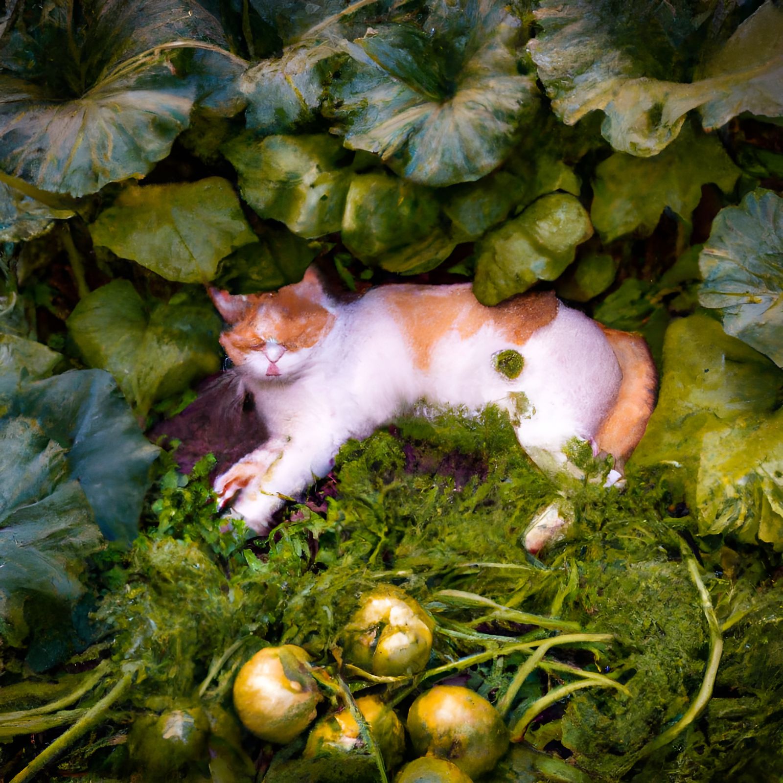 Cat Napping in a Vibrant Vegetable Garden