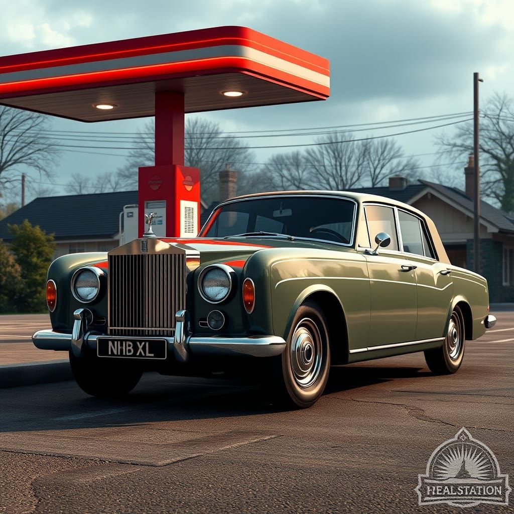 Vintage Rolls Royce at a Bustling English Petrol Station