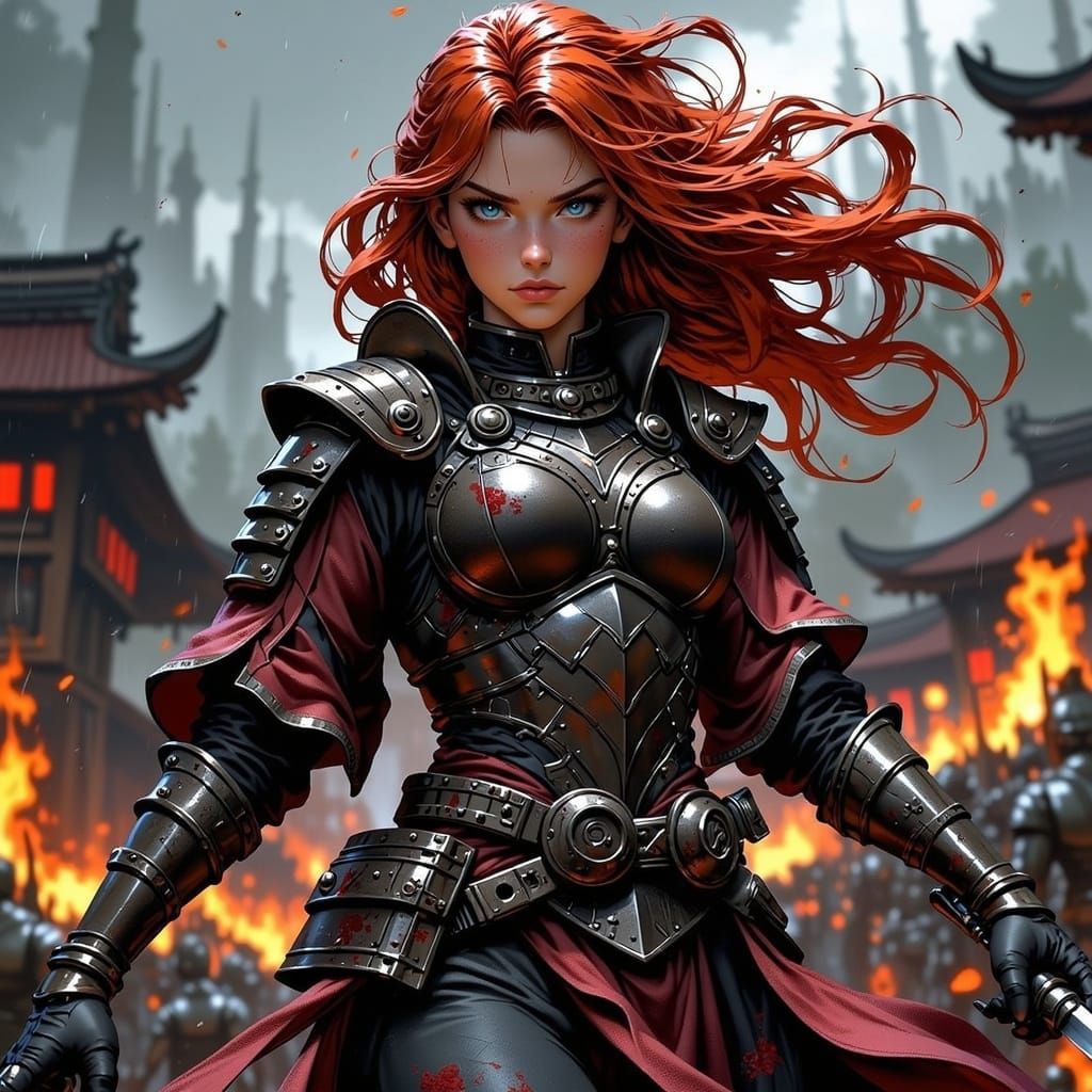 Feudal Japanese Warrior in Heavy Rain