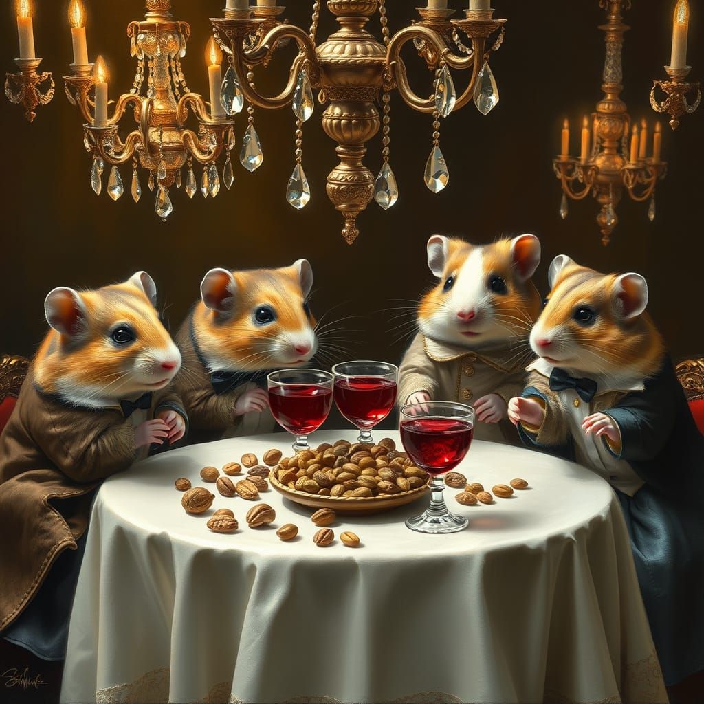 Renaissance Hamsters Feast in Lavish Ballroom
