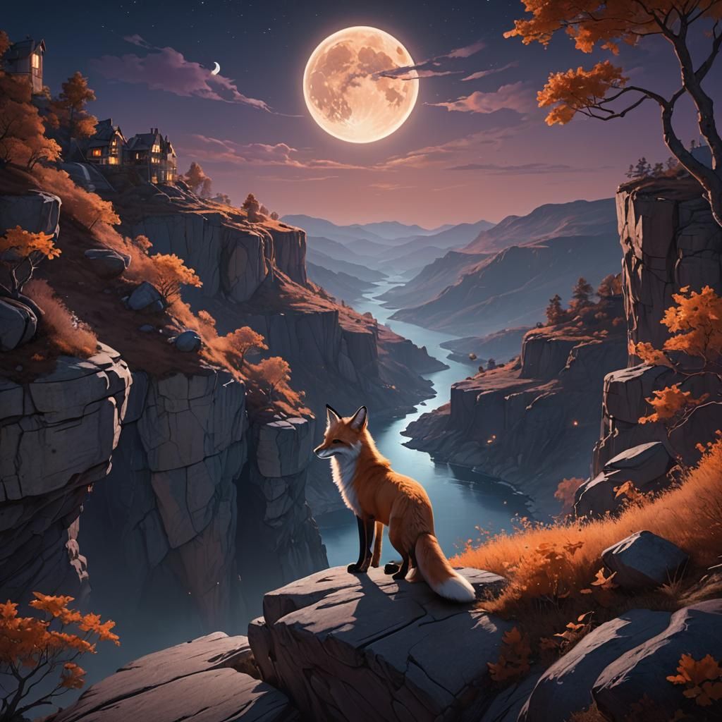 Moonlit Foxes on Cliff: Digital Matte Painting