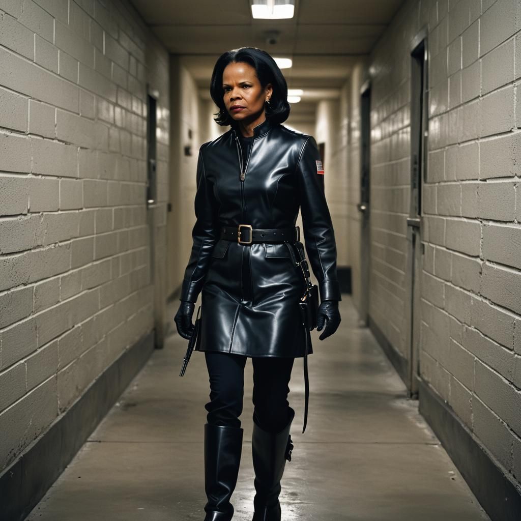 Condoleezza Rice, strict, arrogant, black german leather uniform, black leather riding boots, black leather gloves, leat...