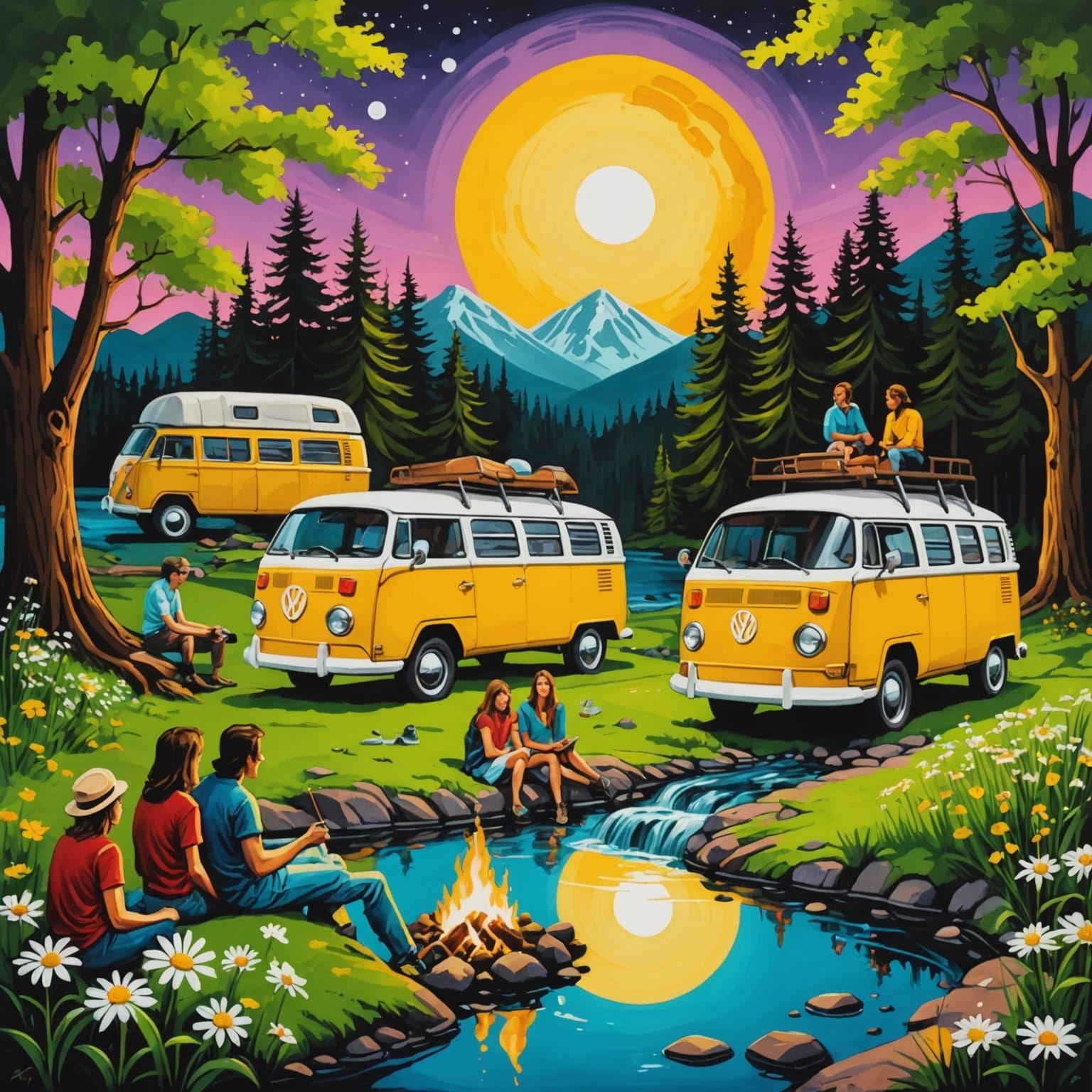 Enchanted Garden Campfire Scene in Graffiti Art Style