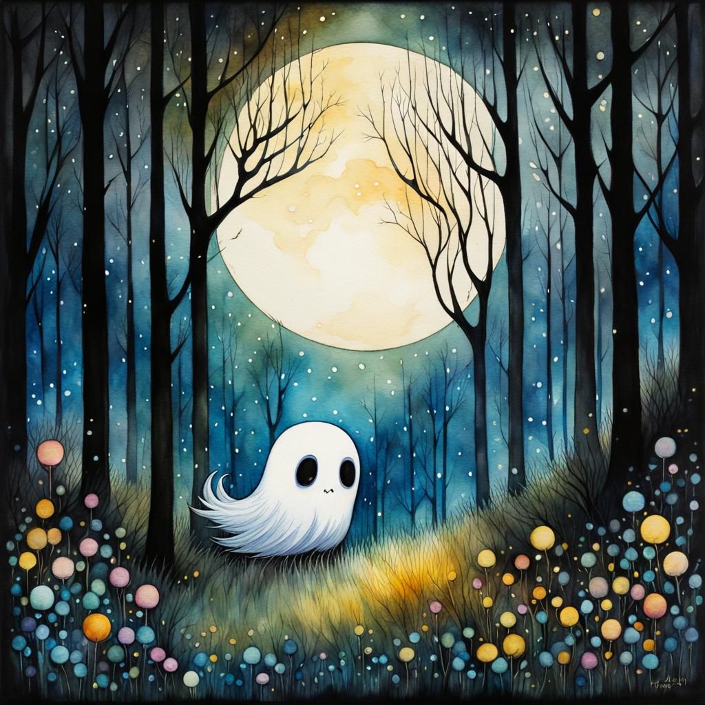 Cute Ghost in Enchanted Forest: Watercolor Painting