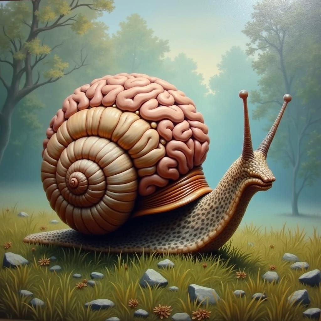 Surreal Snail Carries Human Brain in Vintage Academic Art St...