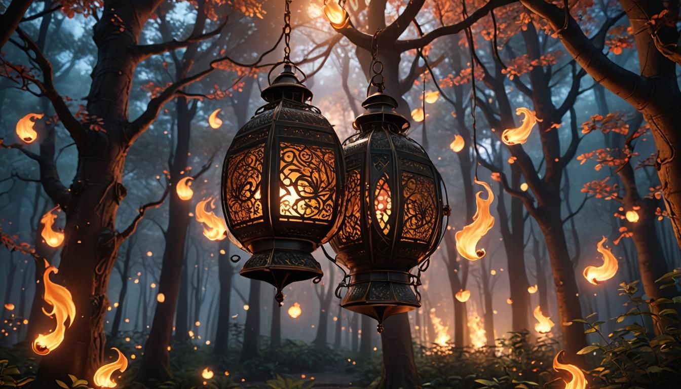 Mystical Lantern in Moonlit Forest, Anime Style