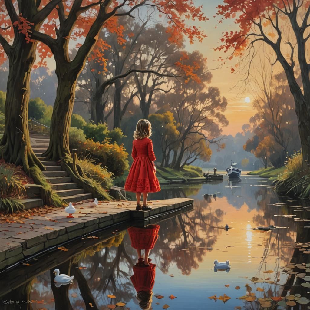 Autumn Oak Reflection with Girl, Gurney Style