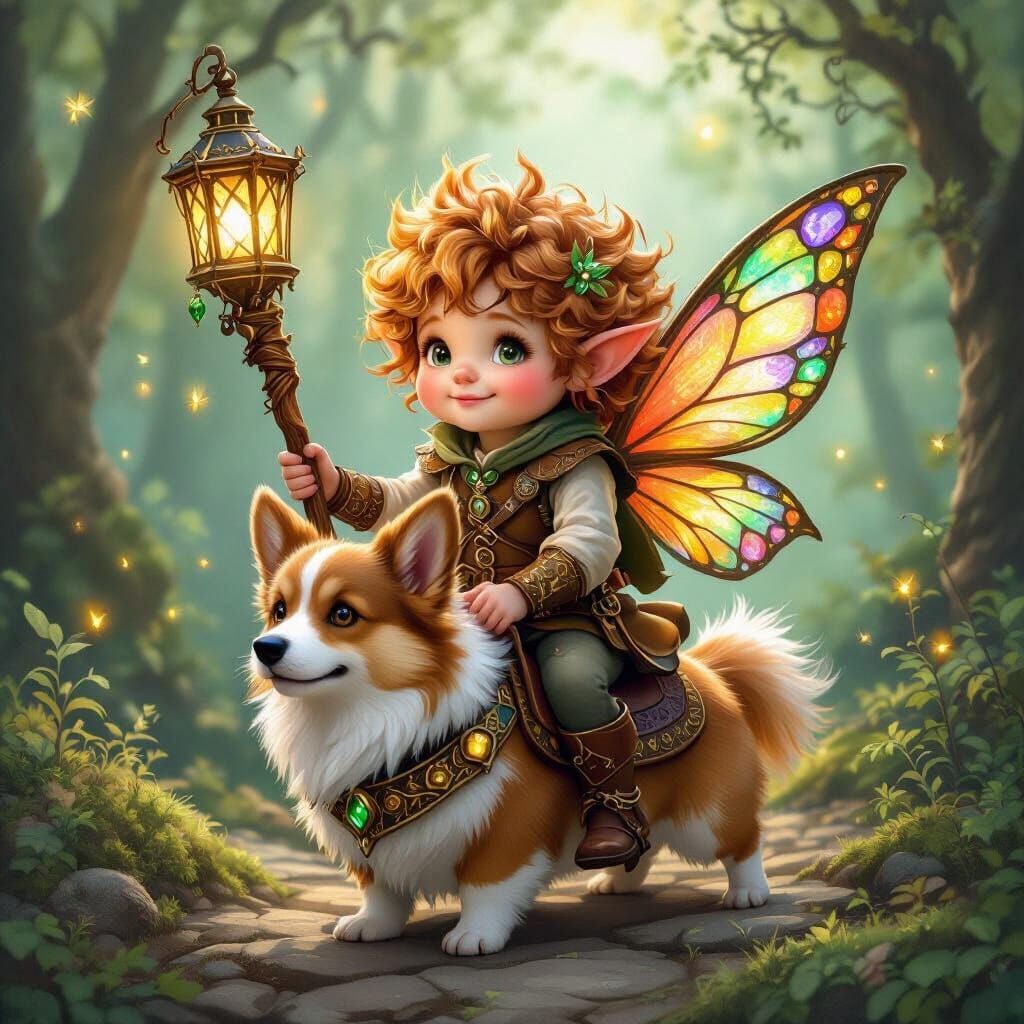Gnome Child Rides Corgi Through Whimsical Forest