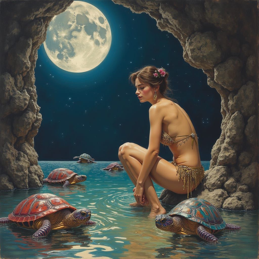 Audrey Hepburn and Hercules in Moon Cave, Renaissance Painti...