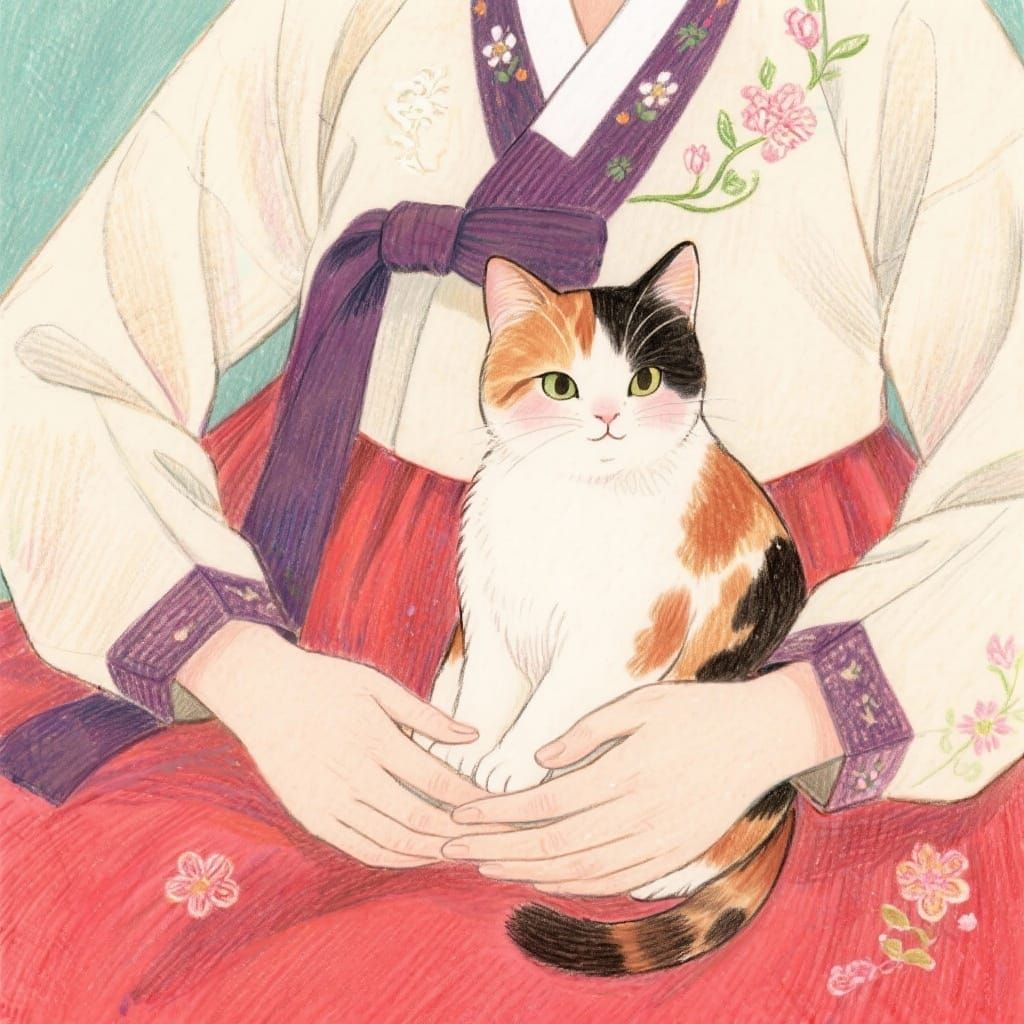 Calico Kitten in Lap, Korean Manhwa Style