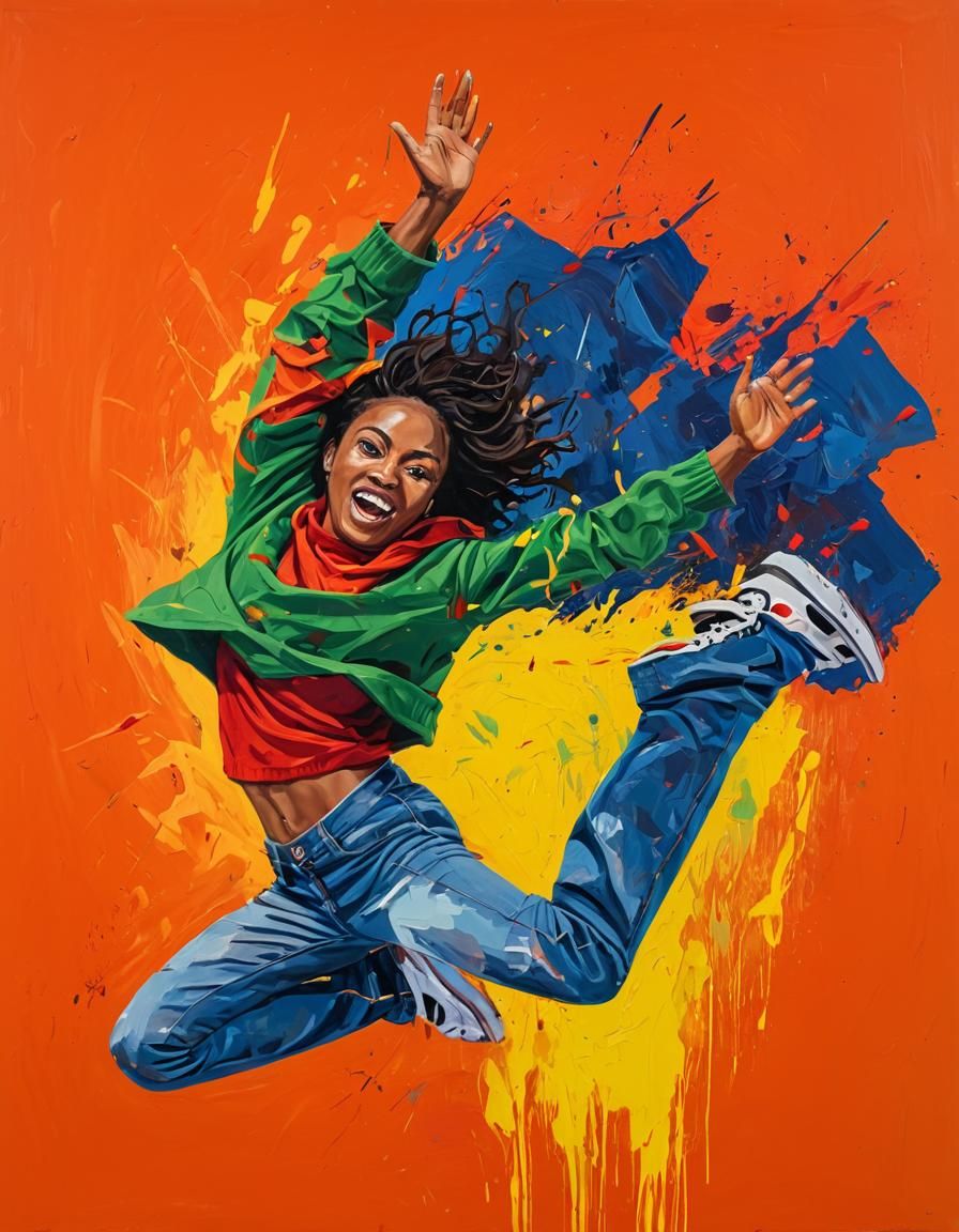 Girl in a green sweater jumping high in a vibrant multicolored background with peeling layers