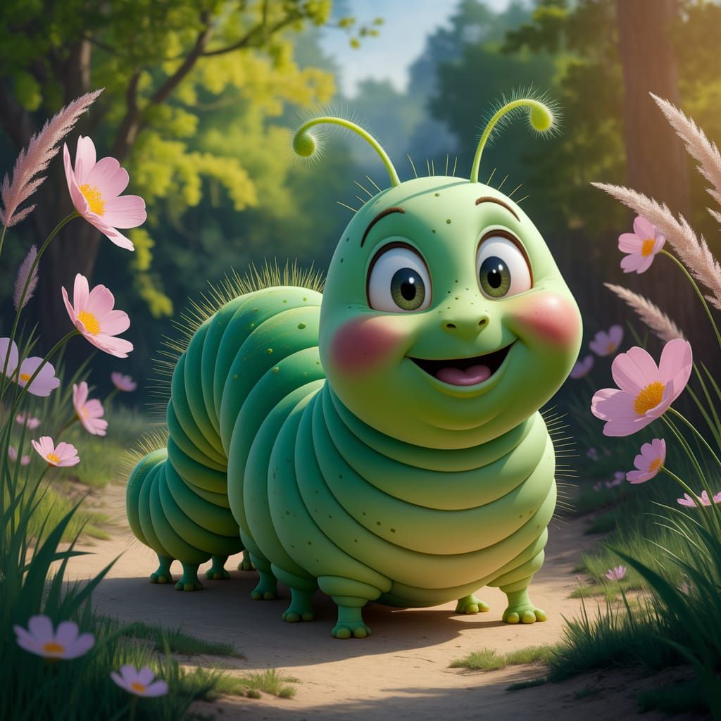 Cartoon Caterpillar in Sunny Forest Scene
