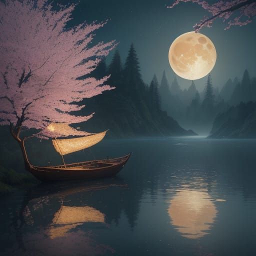 Moonlit Lagoon Scene in Vibrant Colors