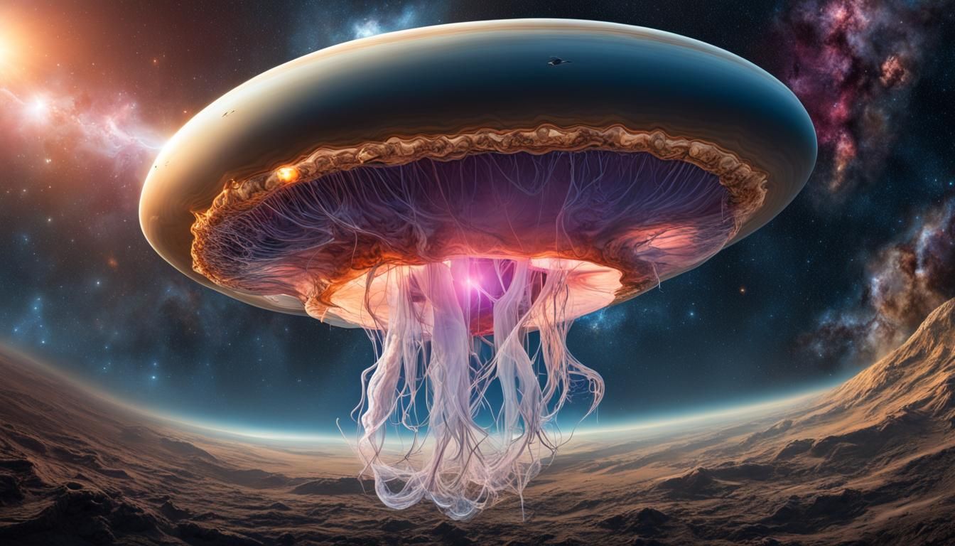 Giant Cosmic Jellyfish Orbiting Saturn in Surreal Style
