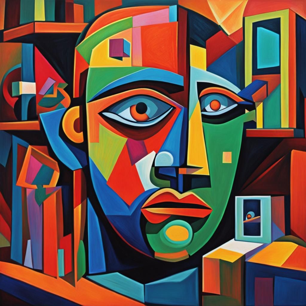 Cubist Head Whistling in Geometric Fauvism Style