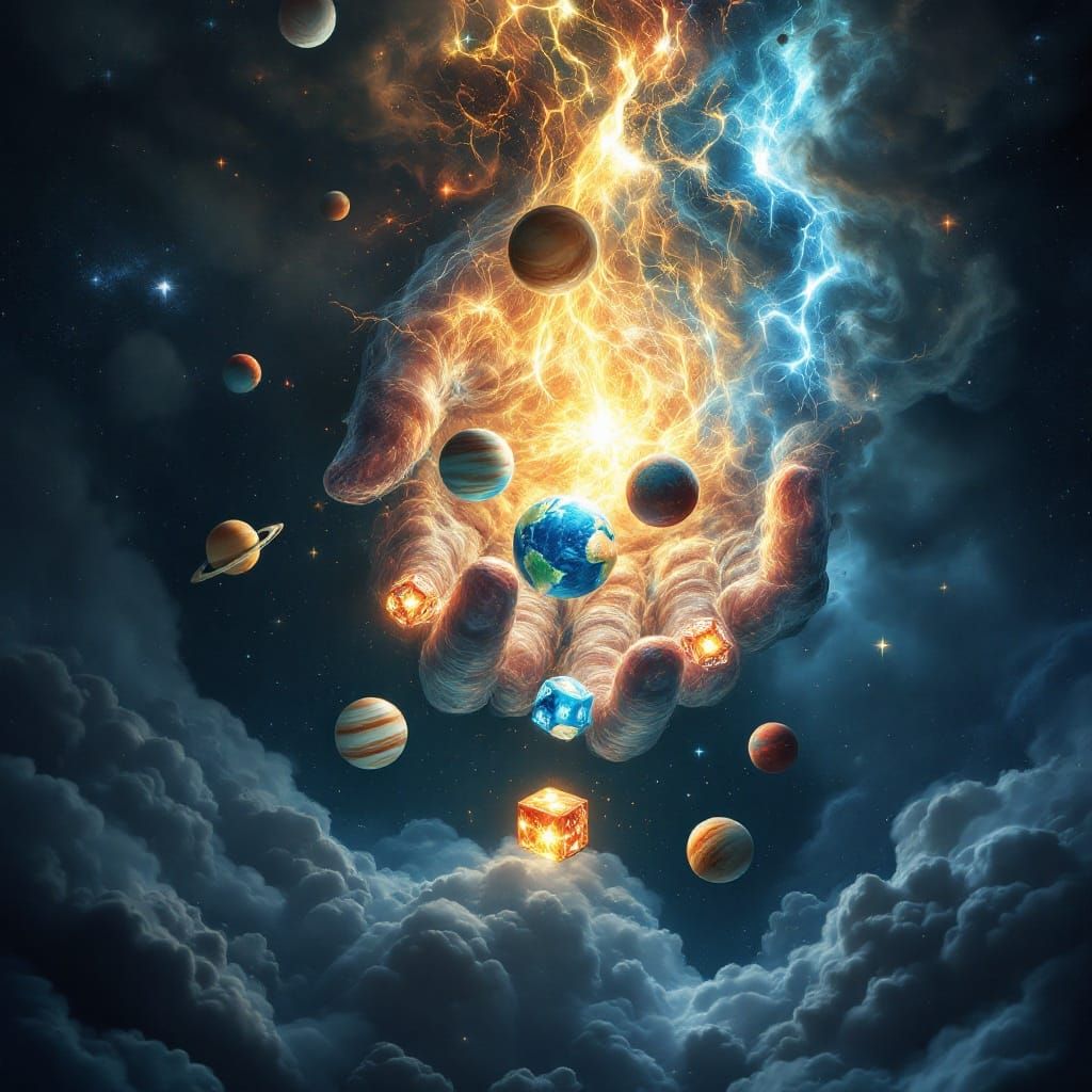 Cosmic Hand Rolls Celestial Dice in Infinite Void