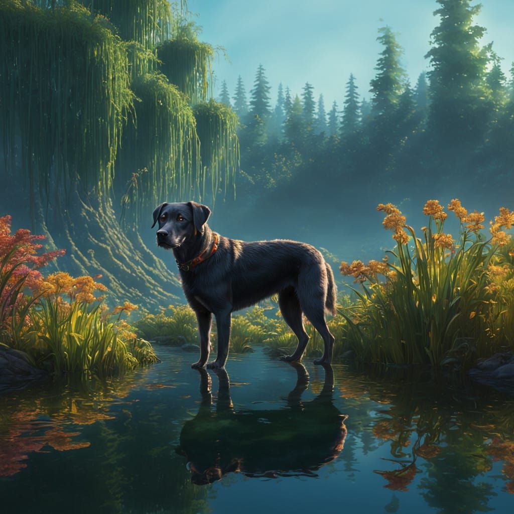 Ethereal Dog Rises from Crystal Lake in Vibrant Fantasy Real...