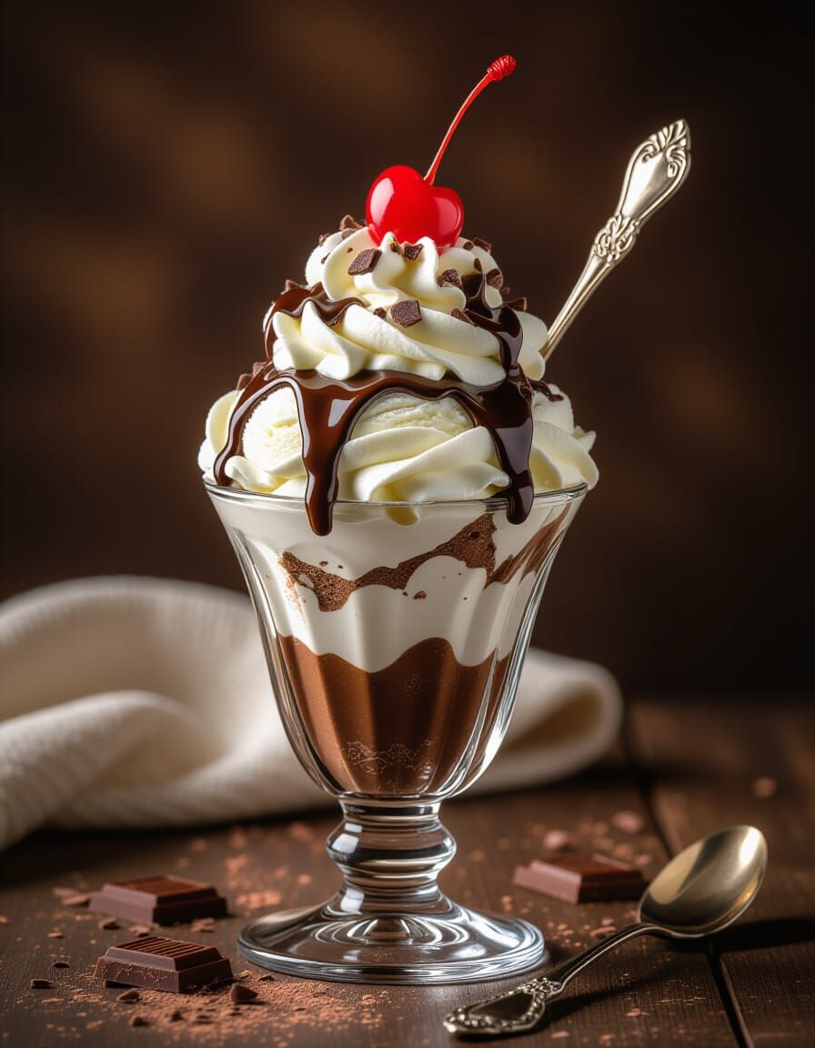 Delicious Chocolate Ice Cream Sundae in Glass Cup