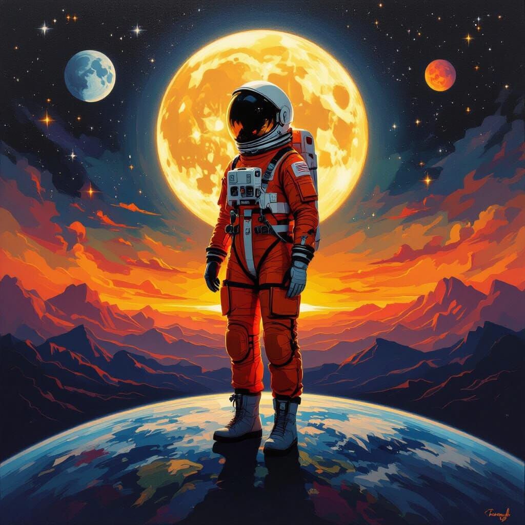 Japanese Astronaut in Orange Suit Amidst Cosmic Splendor