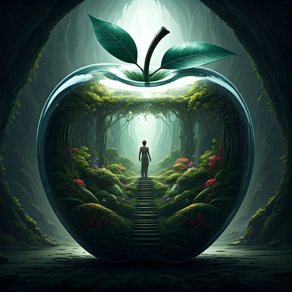 Garden of Eden Inside Glass Apple: Detailed Matte Painting