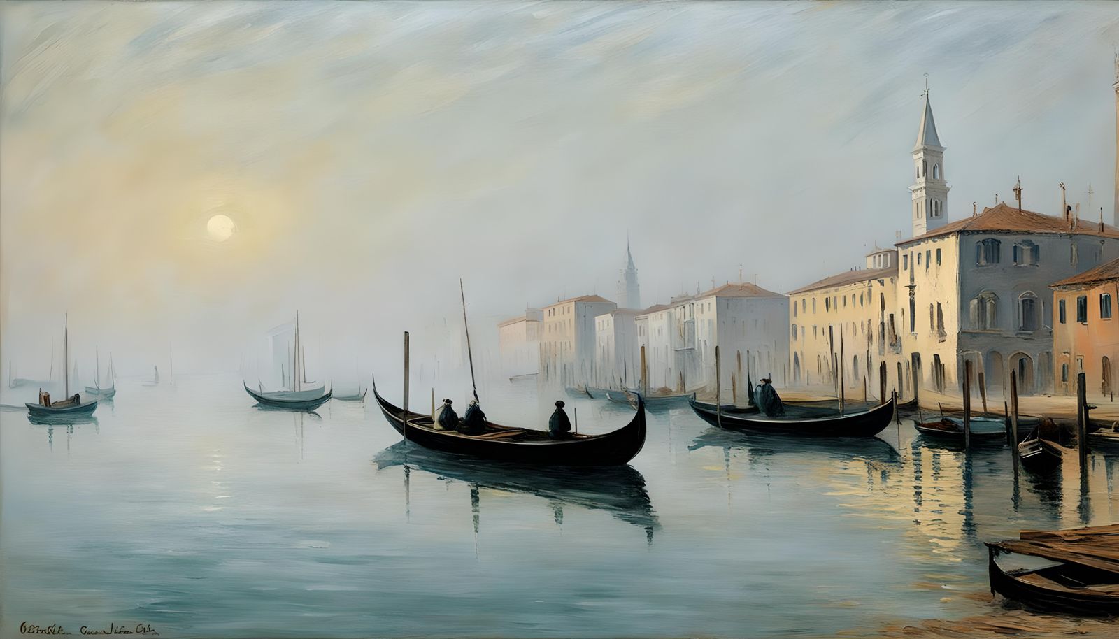 Venetian Fishermen in Misty Lagoon, Impasto Painting