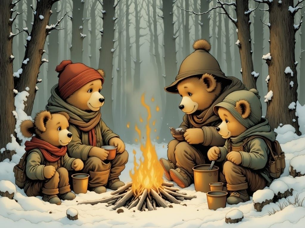 Teddy Bears Warm by Winter Campfire