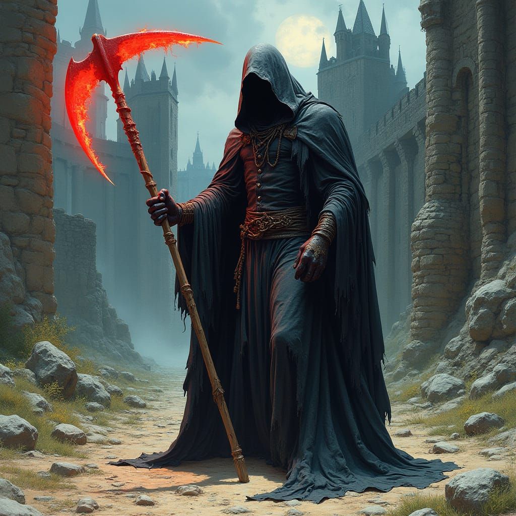 Grim Reaper with Fiery Scythe and Castle