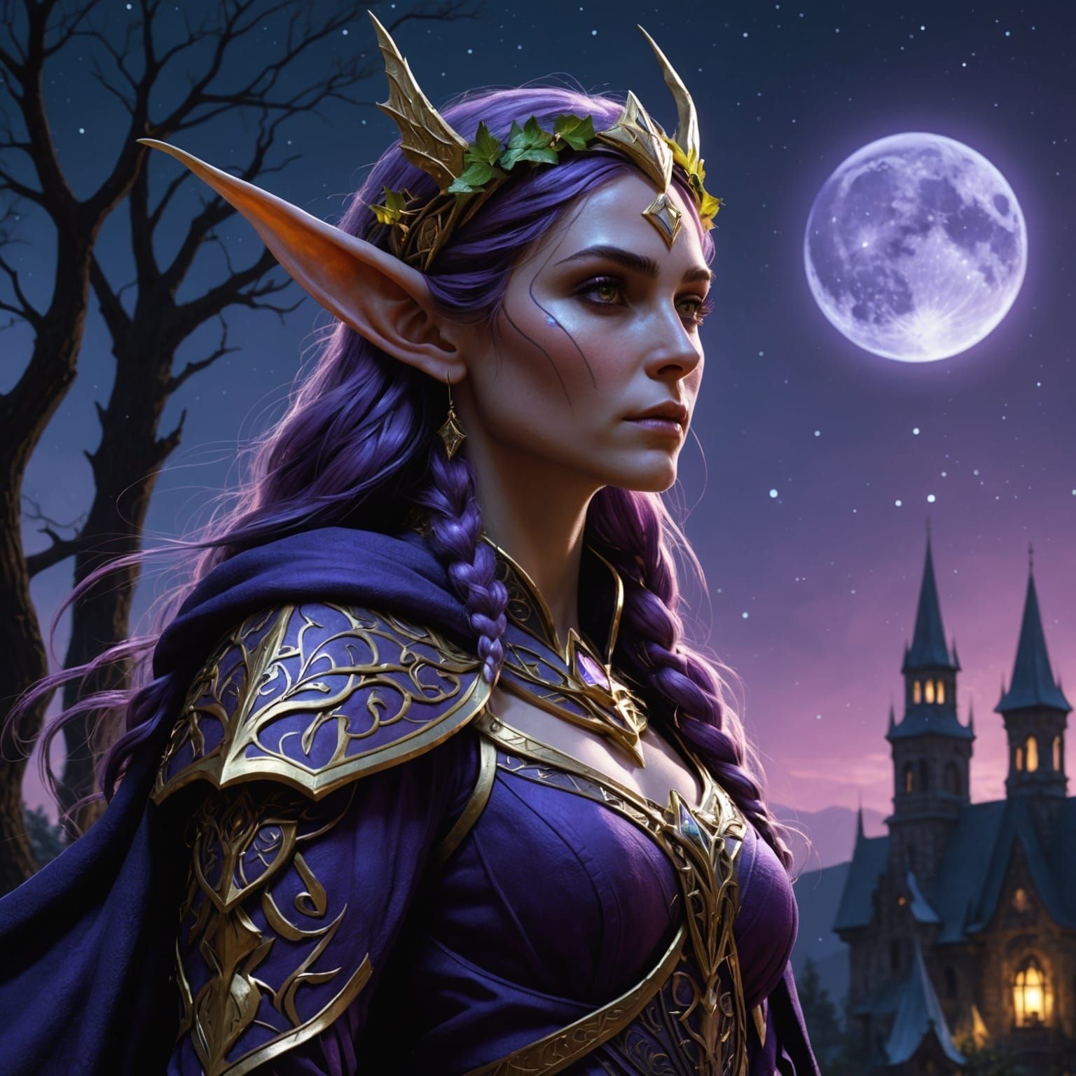 Elven Druid Under Night Sky, Detailed Fantasy Art