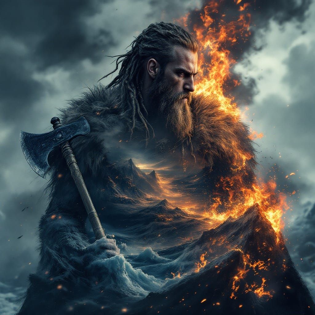 Brooding Viking Warrior in a Chaotic Nordic Landscape