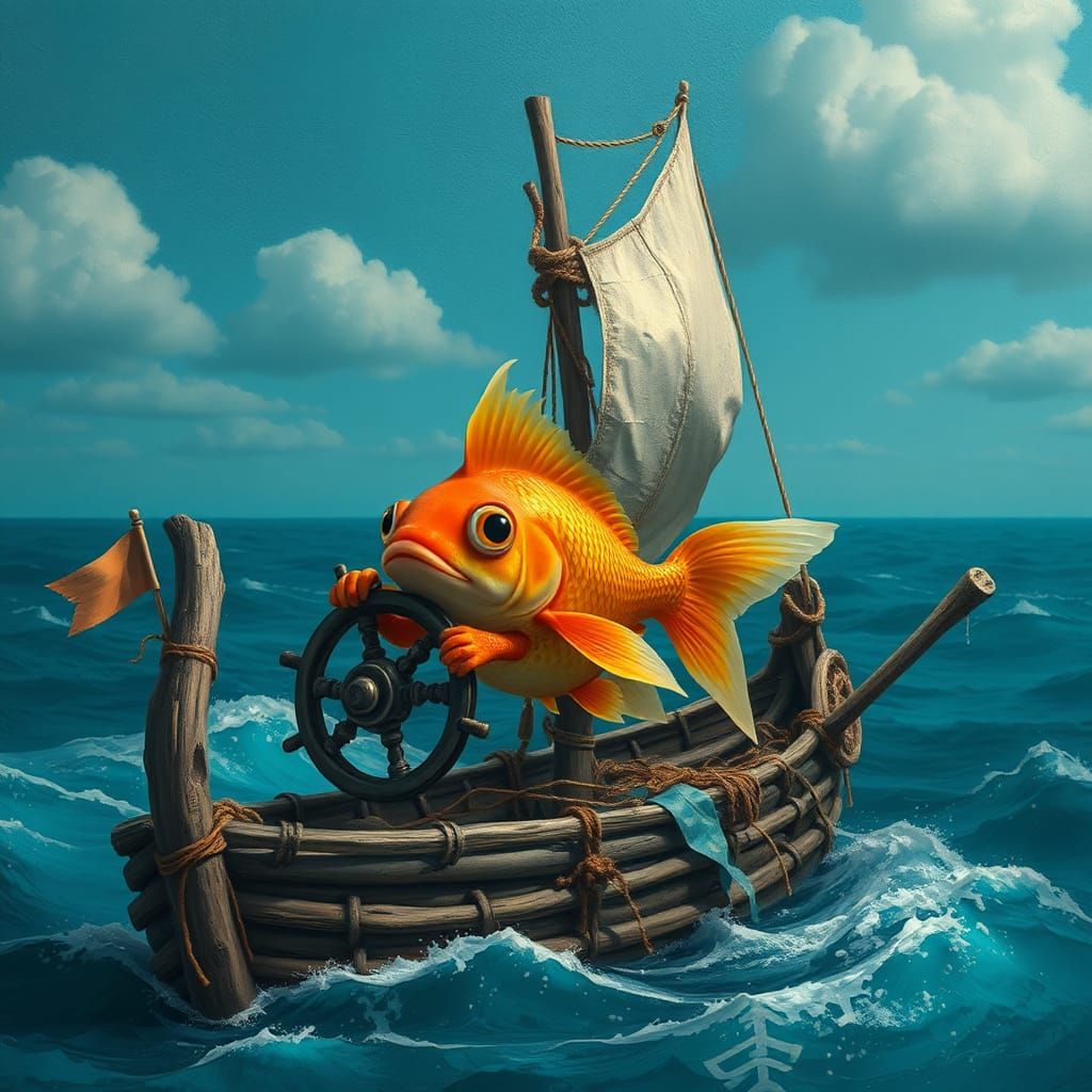 Goldfish Captain on a Makeshift Boat
