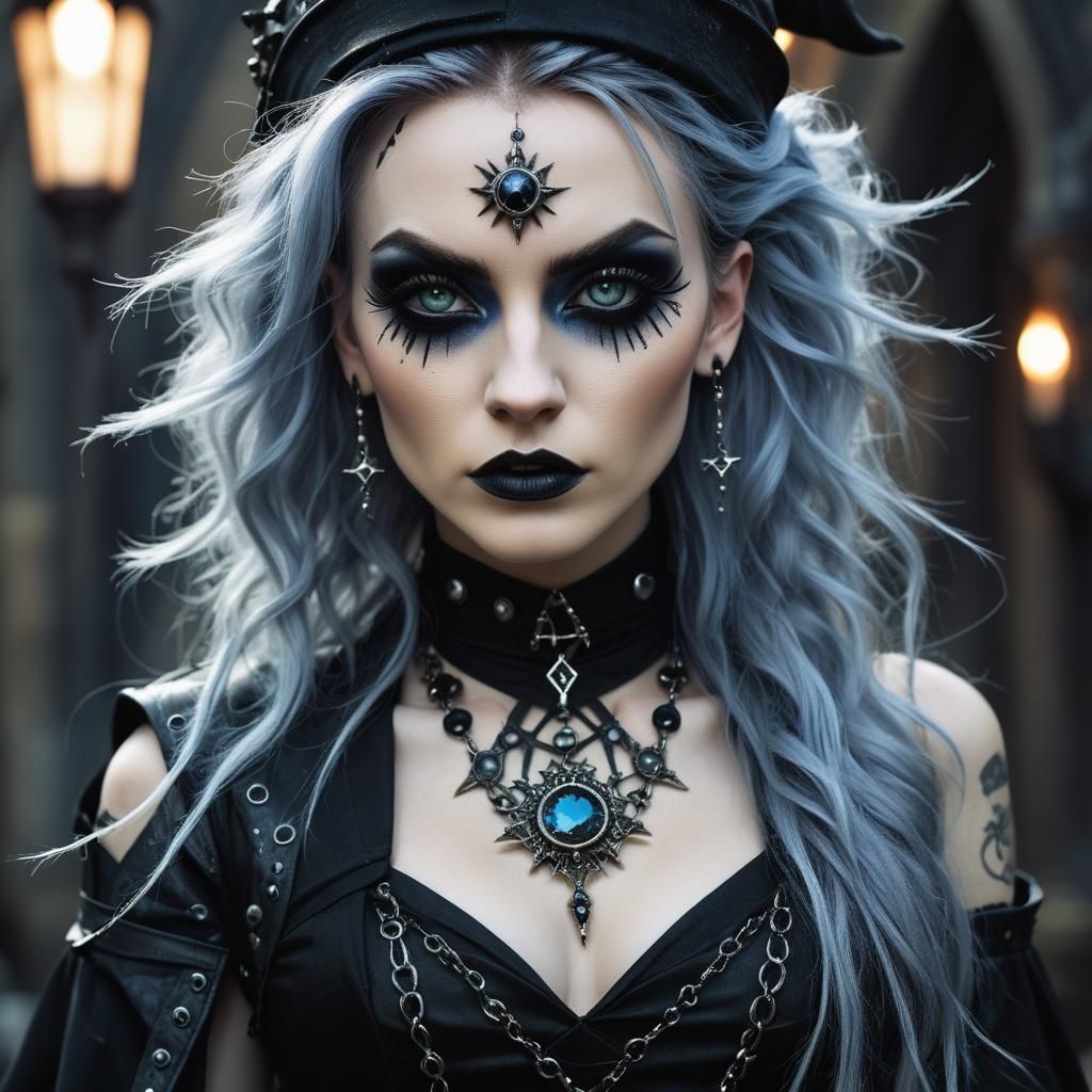 Punk Fashion Wizard with Expressive Eyes in Gothic Style