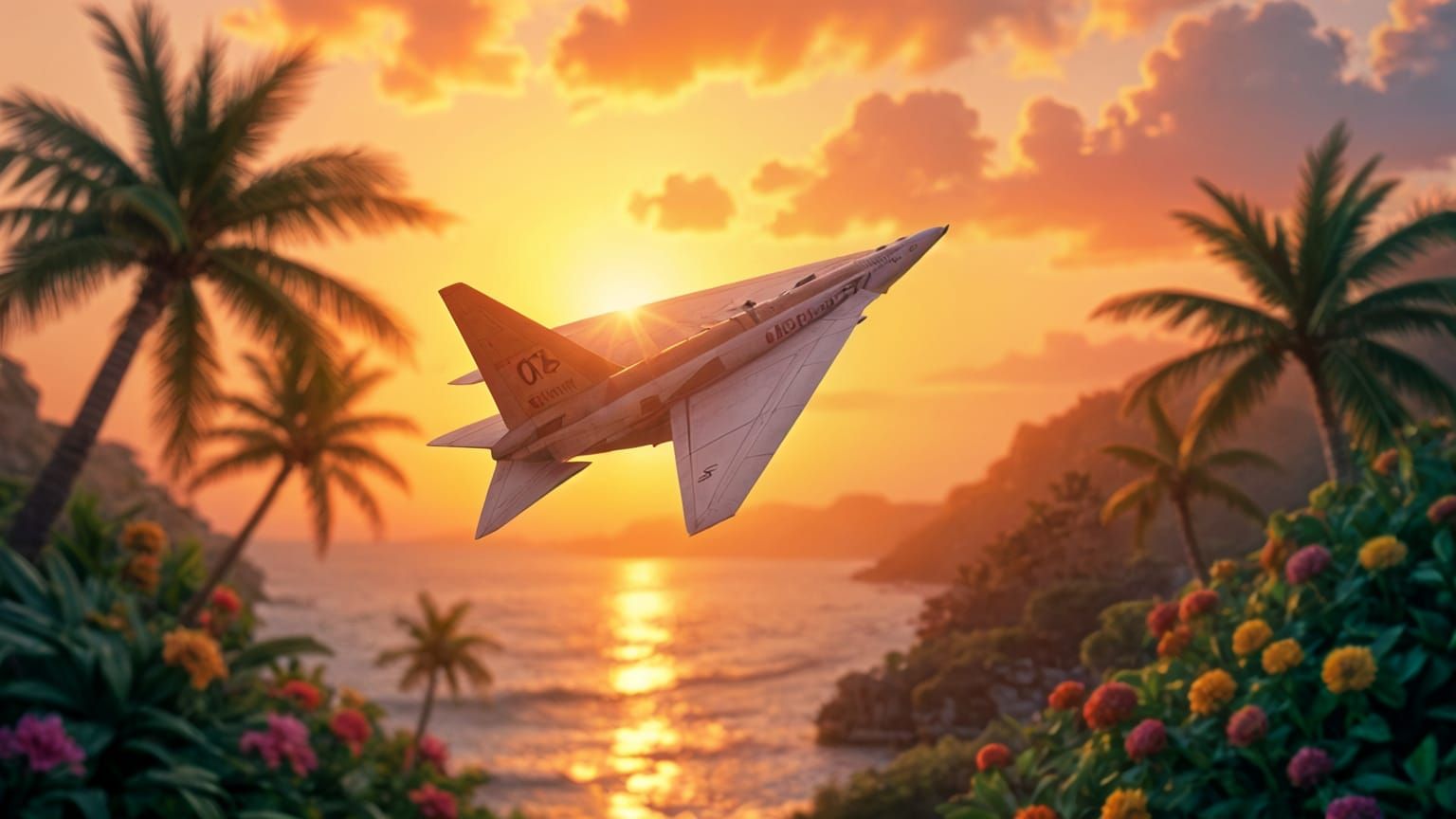 Paper Airplane Soars Over Island at Sunset