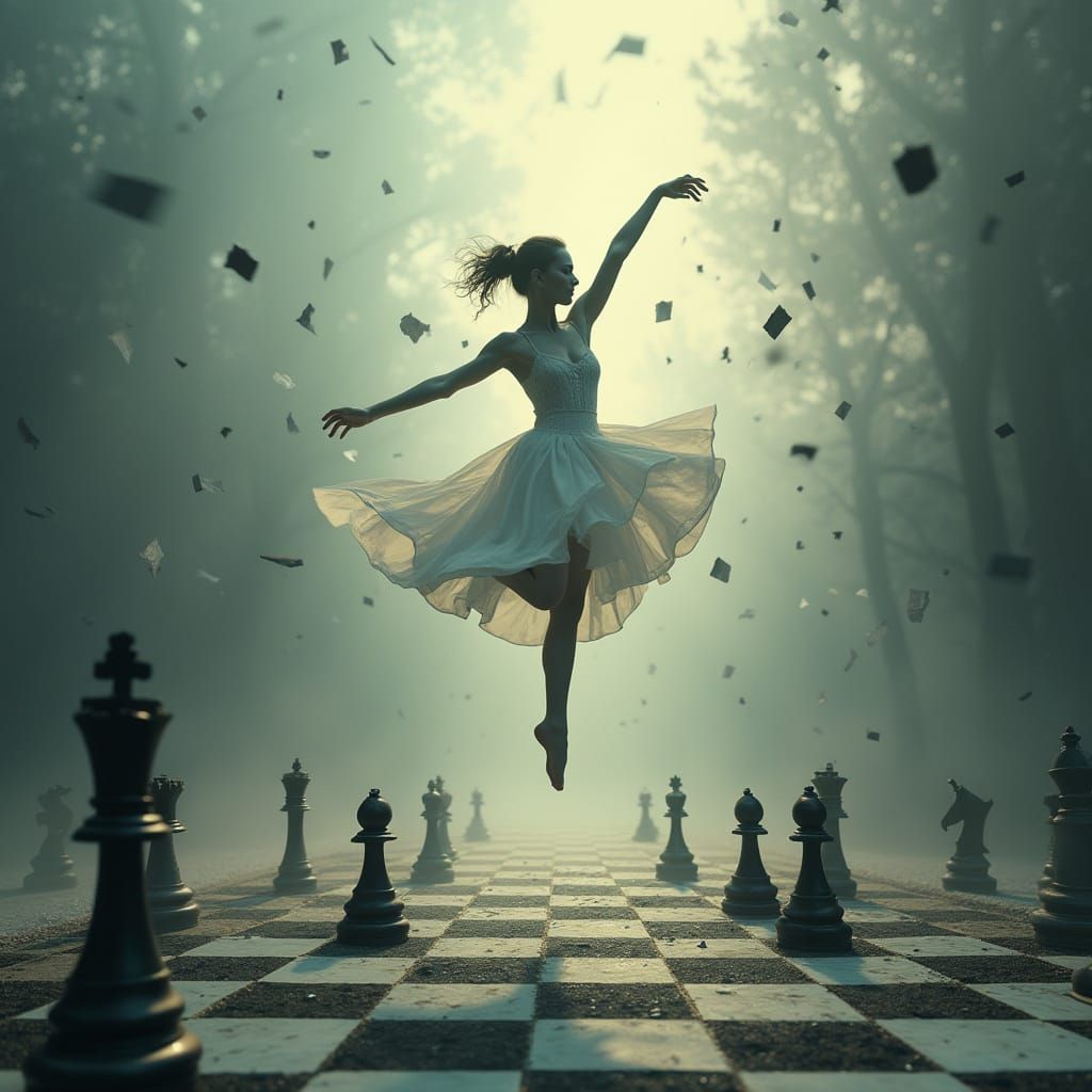 Surreal Dancer Levitating Over Chessboard in Ethereal Light
