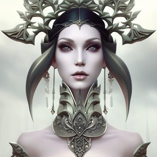 Winter Witch Goddess with Intricate Dress in Digital Art