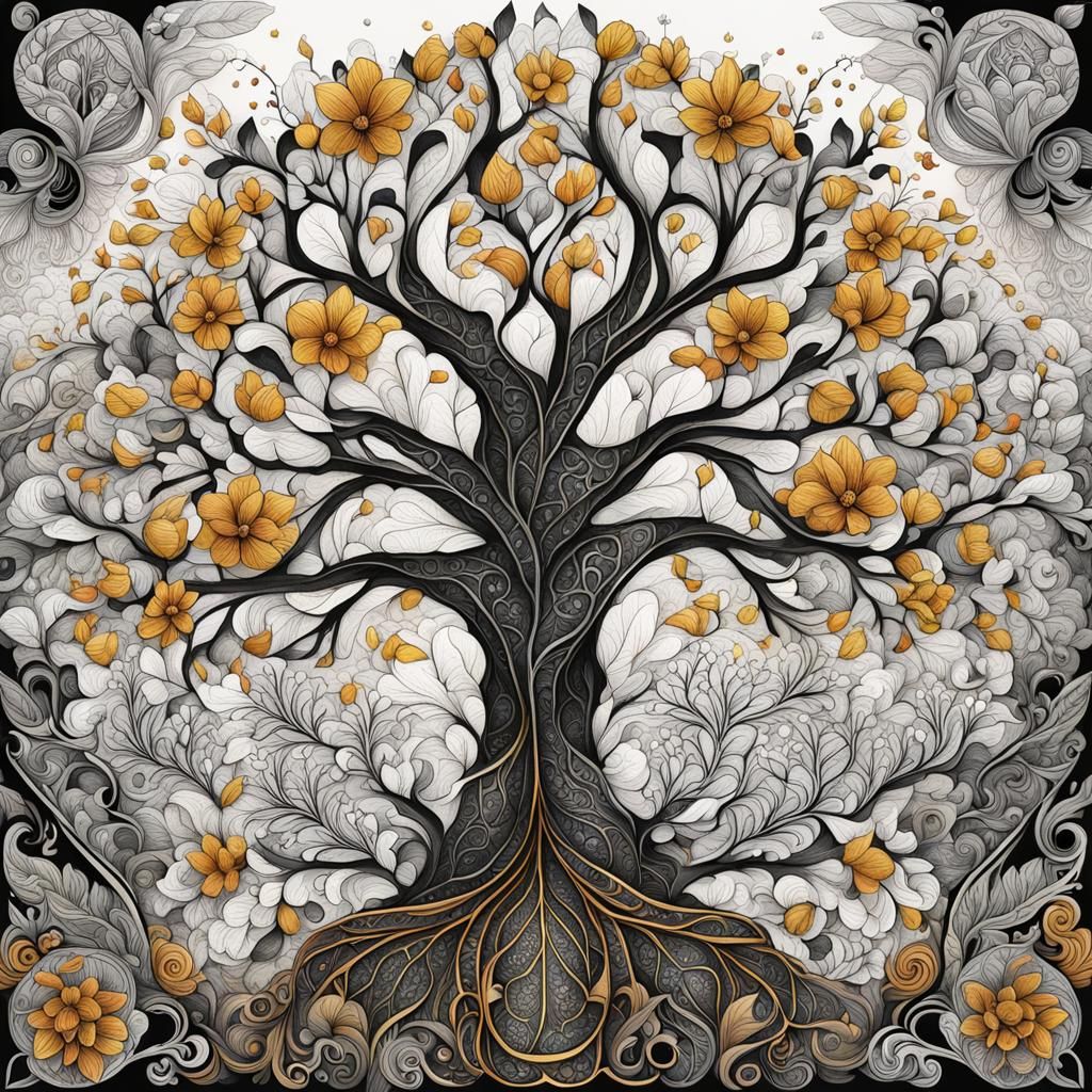 Giant Tree of Leaves and Flowers in Zentangle Style