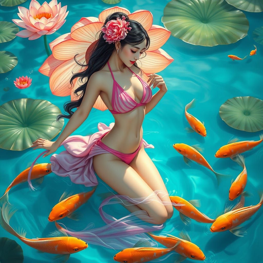 Art Nouveau Goddess Blooms from Lotus in Vibrant Tropical Wa...