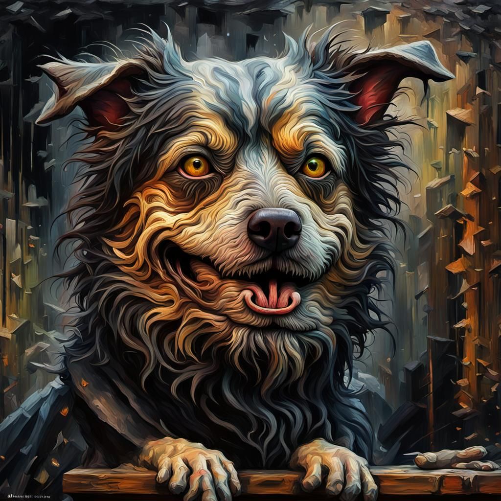 Grotesque Dog Portrait in Gothic Impressionist Style