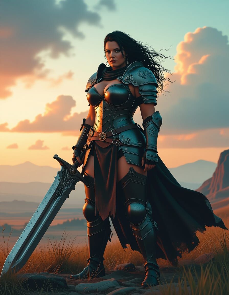 Curvy Warrior Woman With Sword in Digital Matte Painting