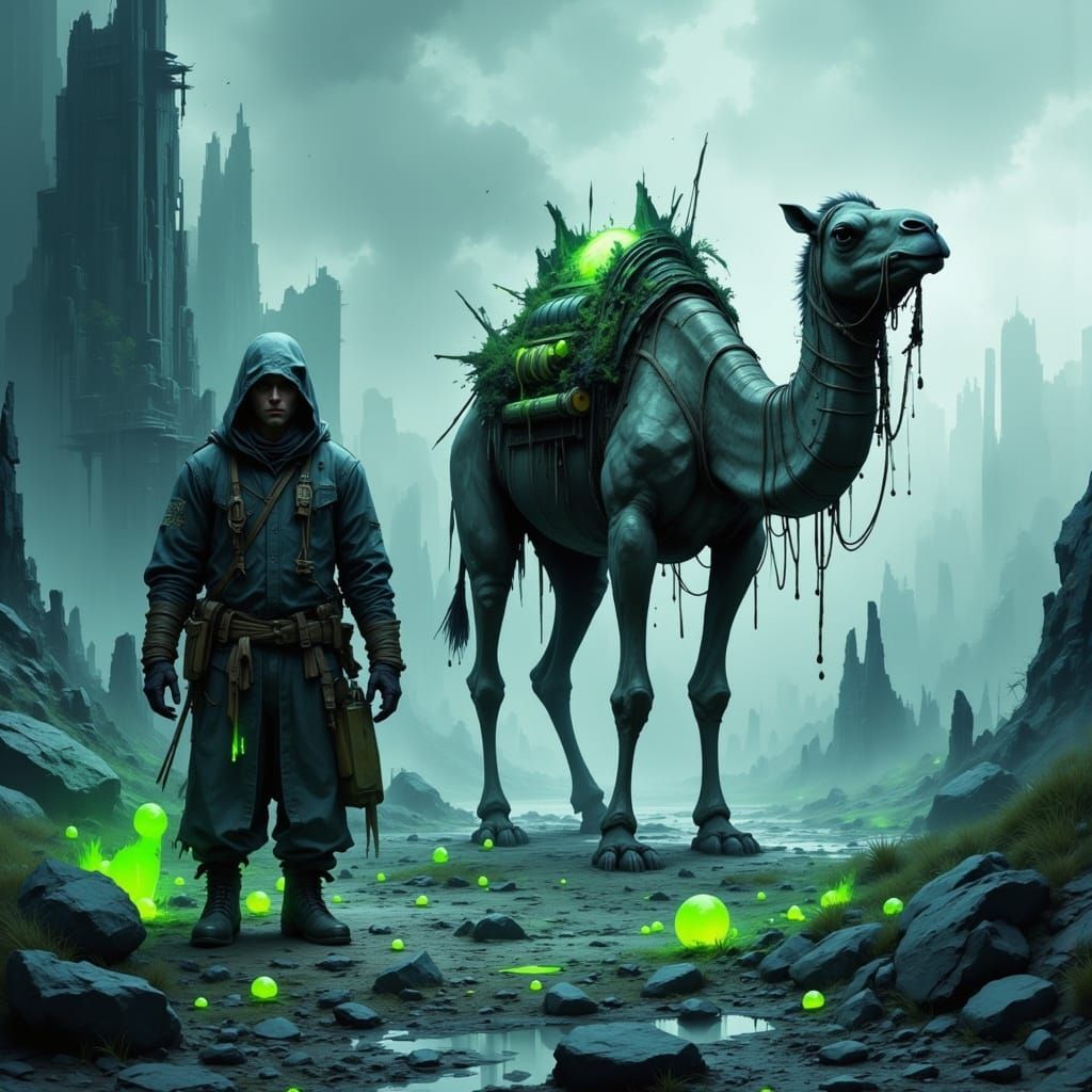Post-Apocalyptic Camel in Dystopian Landscape
