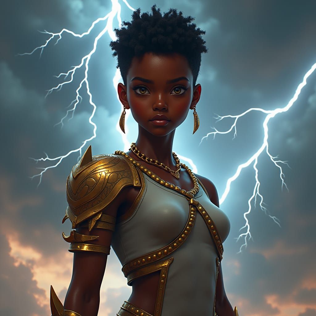 Stormy-Eyed Girl with Bronze Gauntlets in Digital Art Style