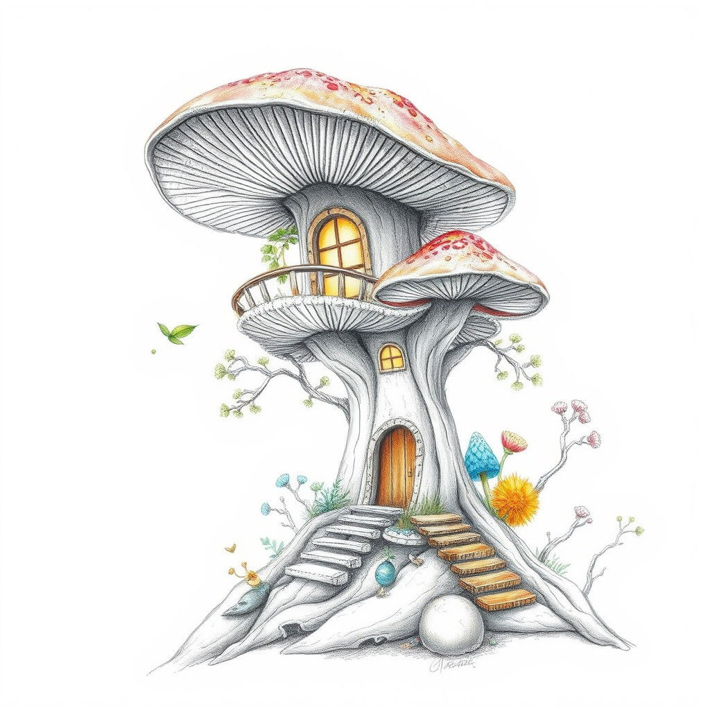 Mushroom Treehouse Blueprints: Colored Pencil Digital Art