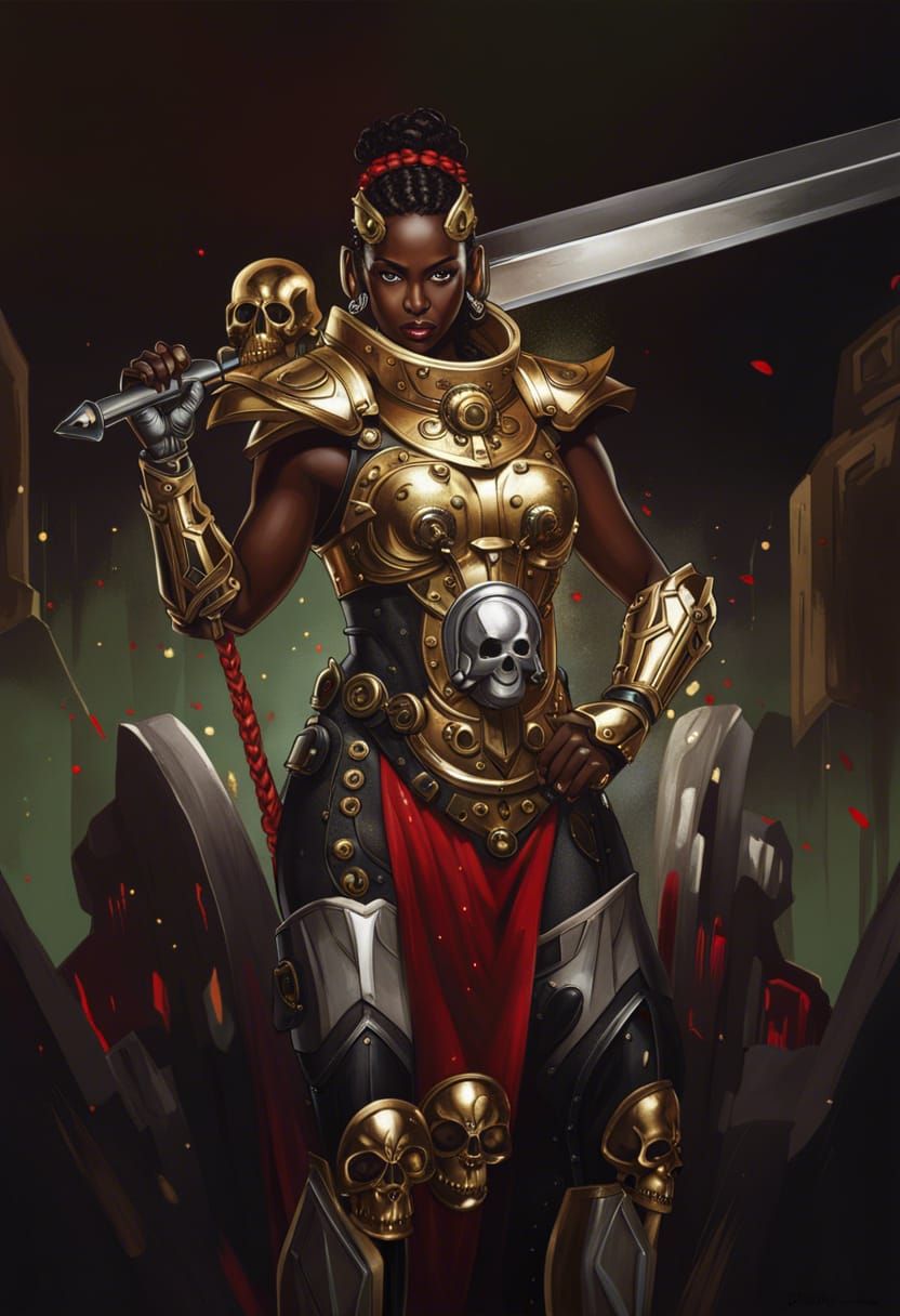 Powerful Woman with Halo in Cyberpunk Armor